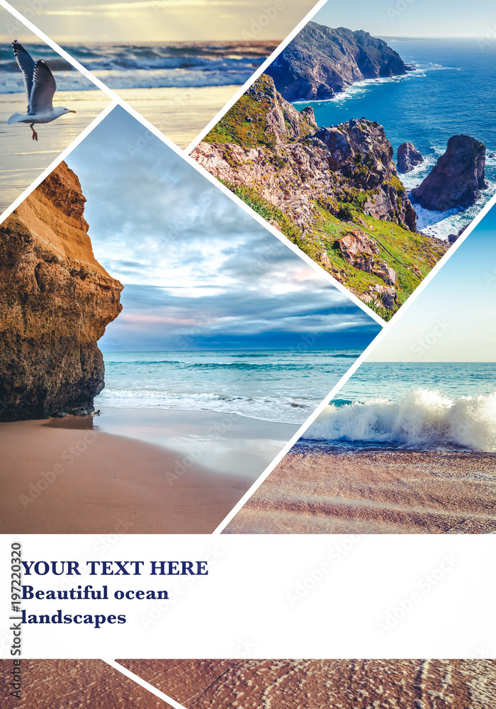 Fototapeta premium Piękny kolaż z miejscem na tekst, widoki na ocean, wybrzeże Portugalii, turystyczny kolaż z pejzażami morskimi
