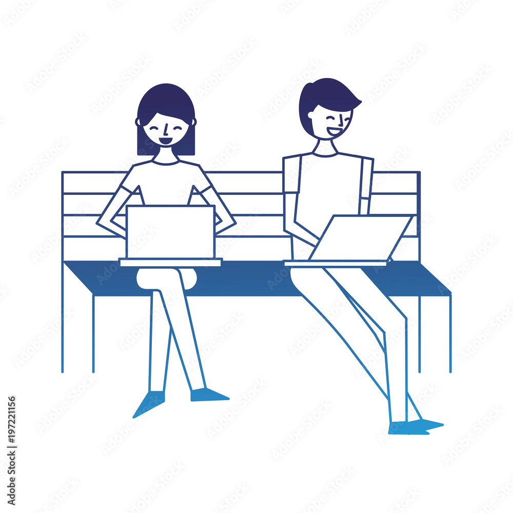 young woman and man sitting on the bench with their laptop vector illustration degraded blue