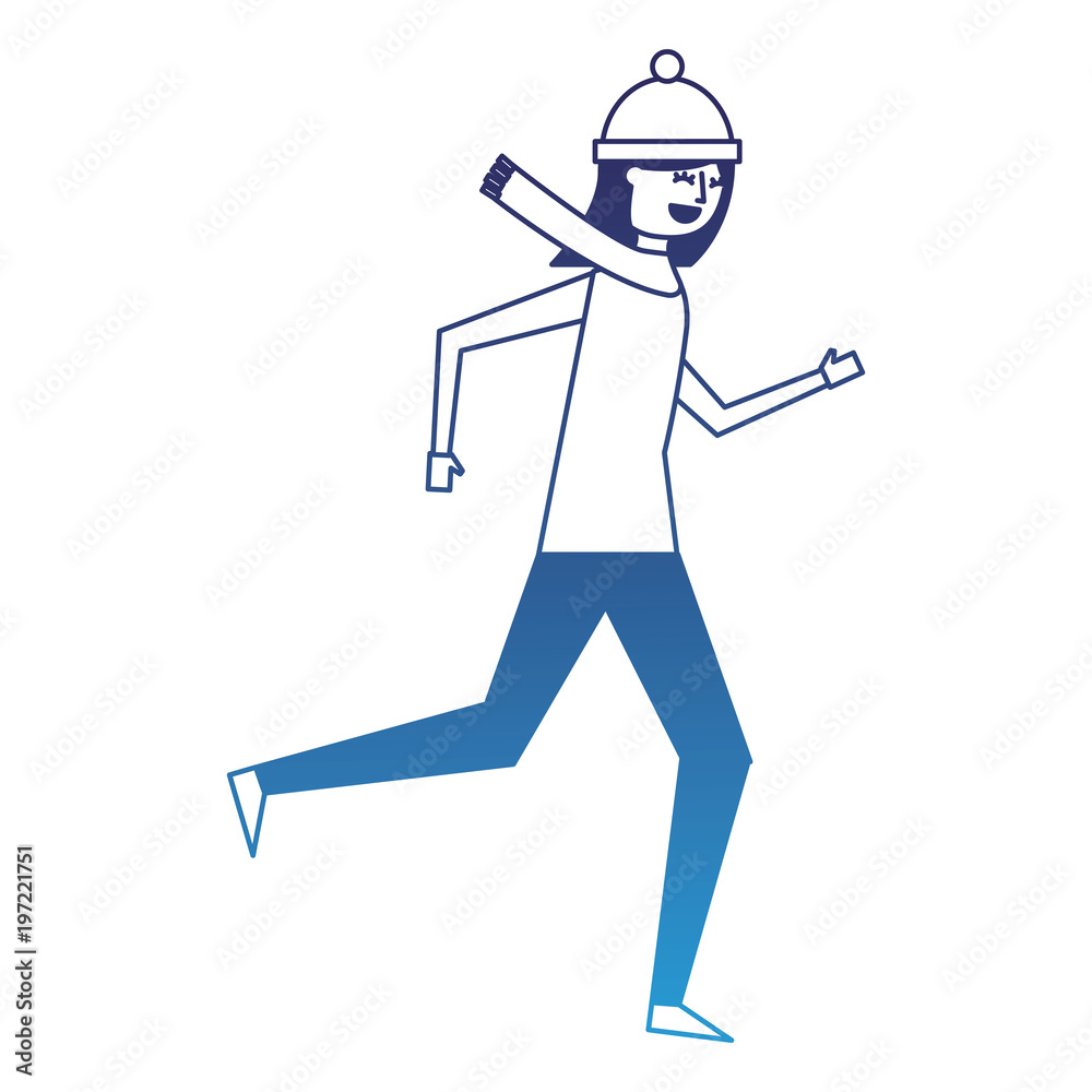 Obraz premium cute woman running in warm clothes vector illustration degraded blue