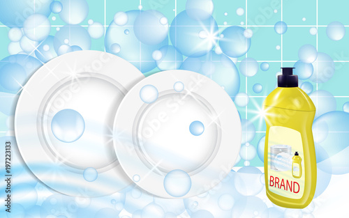 Dishwashing liquid products. Bottle label design. Dish wash advertisement poster layout. Vector illustration.