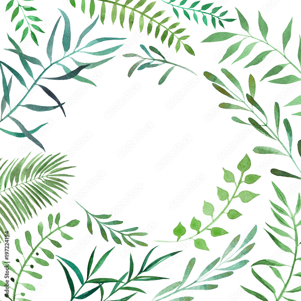 Hand drawn watercolor illustration of botanical branches. Decorative graphic frame for wedding branding, invitations, greeting card. Isolated on white background. Place for text.