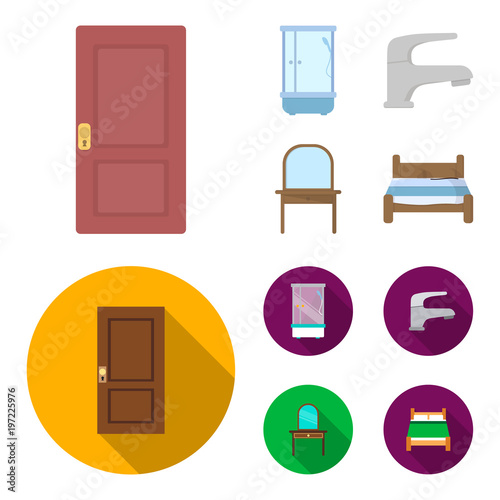 Door, shower cubicle, mirror with drawers, faucet.Furniture set collection icons in cartoon,flat style vector symbol stock illustration web.