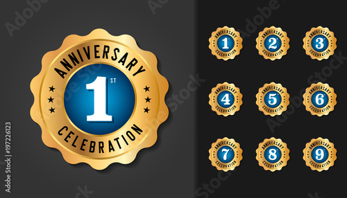 Set of anniversary badges. Golden anniversary celebration emblem design for booklet, leaflet, magazine, brochure poster, web, invitation or greeting card.
