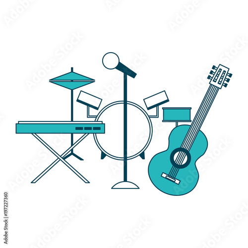 musical instruments saxophone synthesizer guitar battery microphone vector illustration green design