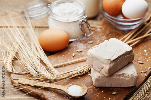 Obraz na plátně Fresh yeast and ingredients for Easter baking on rustic kitchen background
