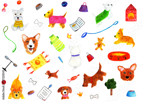 Pattern with dogs and bright objects. Watercolor illustration. A cheerful pattern with dogs, such as Scotch Terrier, West Highland White Terrier.