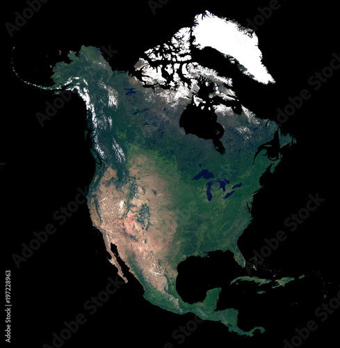 Fototapeta Naklejka Na Ścianę i Meble -  Isolated on black background silhouette map of North America continent. Satellite photo of North America (United States, Canada, Mexico countries). Earth from space.