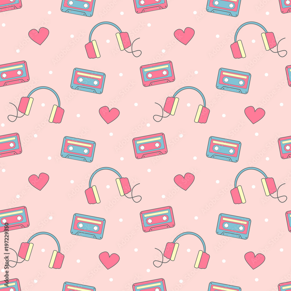 cute lovely colorful seamless vector pattern background illustration with headphones, hearts, dots and cassette tapes