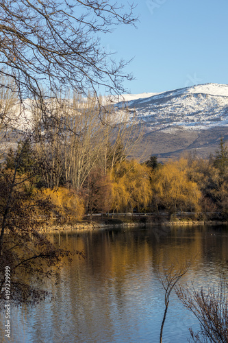 Winter landscape with yellow leaves on a forest with quiet frozen water on a lake and snowy mountain on a sunny day