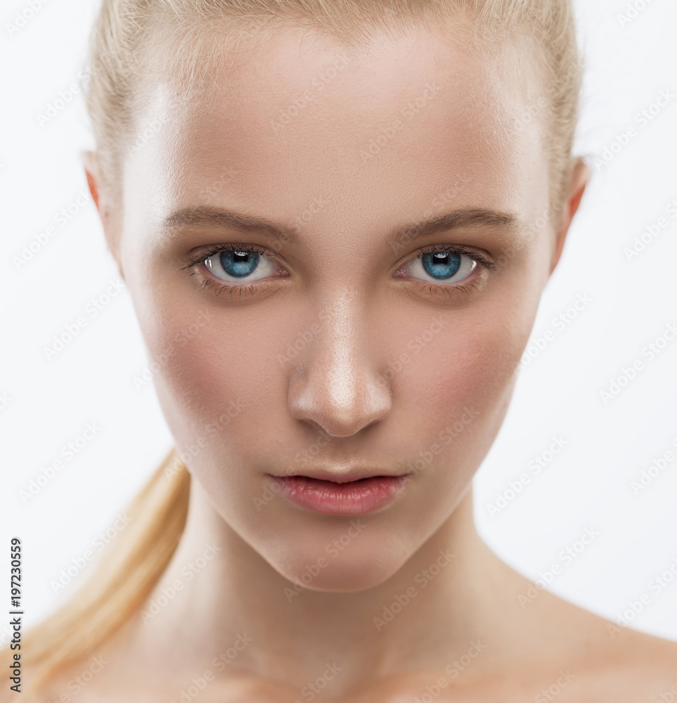 Face, serious, blue lenses, close up, white background Face, serious, blue lenses, close up, white background