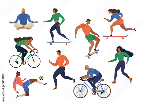 Vector stylized illustration active young people. Healthy lifestyle. Roller skates, running, bicycle, run, walk, yoga. Design element colorful.