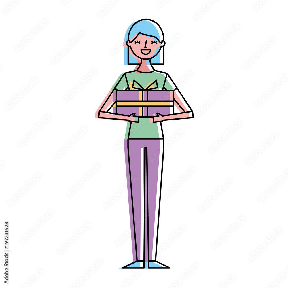 smiling woman cartoon holding gift box in arms vector illustration