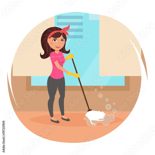 Housewife washes the floor