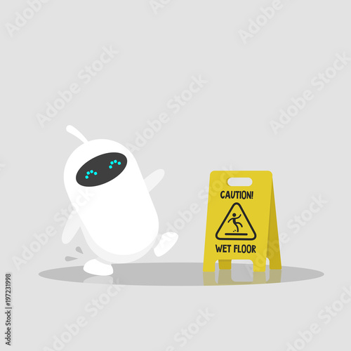 Caution, wet floor. Cute white robot slipped on a wet surface. Falling down. Flat editable vector illustration, clip art