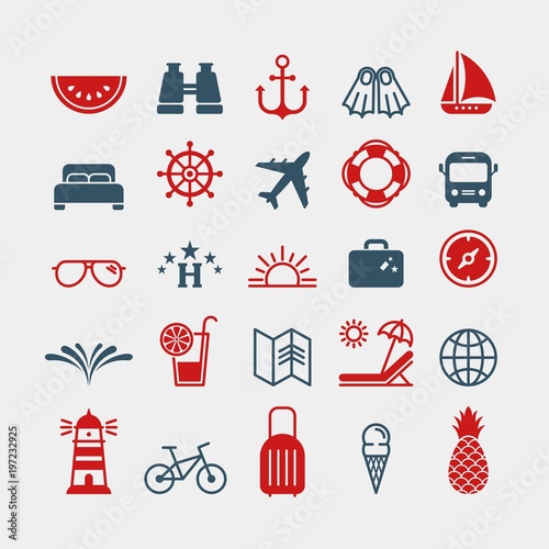 Marine flat vector icons set. Binoculars, anchor, fins, ship, hotel, steering wheel, airplane, lifebuoy, sunglasses, suitcase, compass, splashes, chaise longue, globe, lighthouse flat vector icons