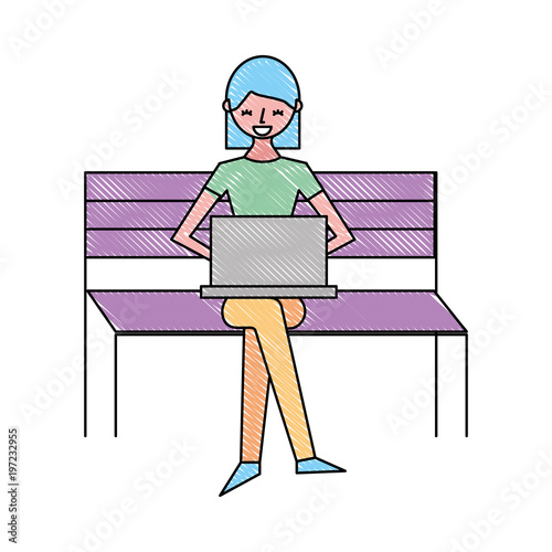 young woman sitting on bench with her laptop vector illustration drawing color