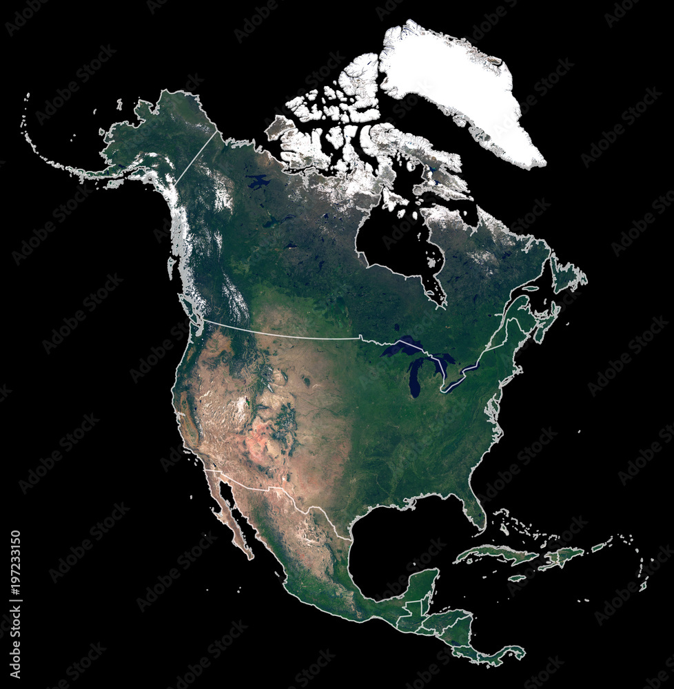 Isolated on black background silhouette map of North America continent ...
