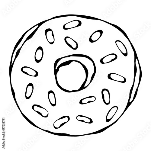 Sweet Donut with Sugar Glaze and Confetti Topping. Pastry Shop, Confectionery Design. Round Doughnut with Holes. Best Dessert. Realistic Hand Drawn Illustration. Savoyar Doodle Style. photo