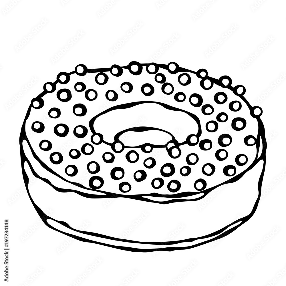 Sweet Donut with Sugar Glaze and Confetti Topping. Pastry Shop, Confectionery Design. Round Doughnut with Holes. Best Dessert. Realistic Hand Drawn Illustration. Savoyar Doodle Style. Sweet Donut with Sugar Glaze and Confetti Topping. Pastry Shop, Confectionery Design. Round Doughnut with Holes. Best Dessert. Realistic Hand Drawn Illustration. Savoyar Doodle Style.