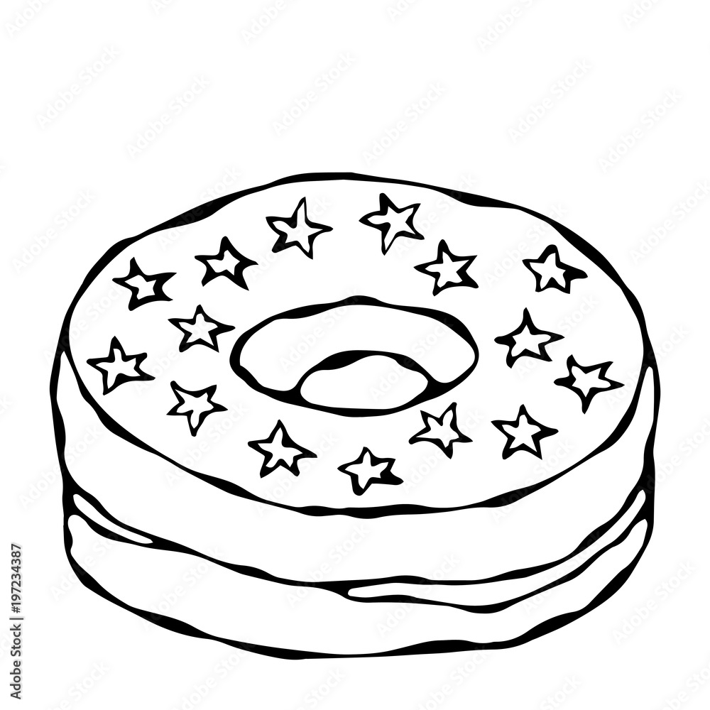 Sweet Donut with Sugar Glaze and Stars Topping. Pastry Shop, Confectionery Design. Round Doughnut with Holes. Best Dessert. Realistic Hand Drawn Illustration. Savoyar Doodle Style. Sweet Donut with Sugar Glaze and Stars Topping. Pastry Shop, Confectionery Design. Round Doughnut with Holes. Best Dessert. Realistic Hand Drawn Illustration. Savoyar Doodle Style.
