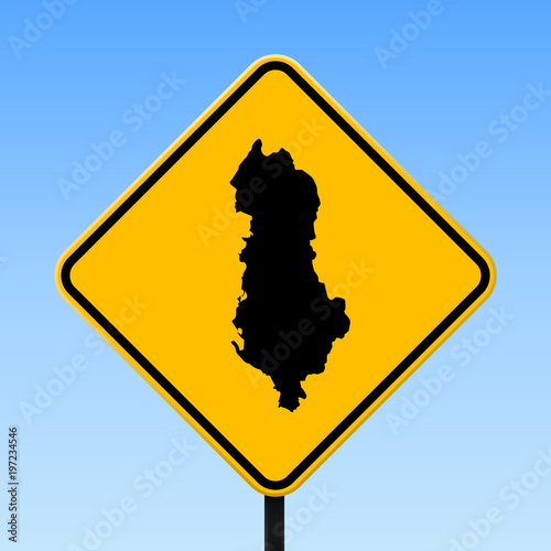Albania map on road sign. Square poster with Albania country map on yellow rhomb road sign. Vector illustration.