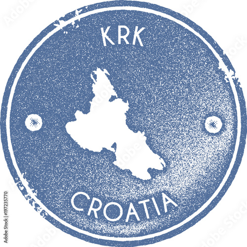 Krk map vintage stamp. Retro style handmade label, badge or element for travel souvenirs. Light blue rubber stamp with island map silhouette. Vector illustration.