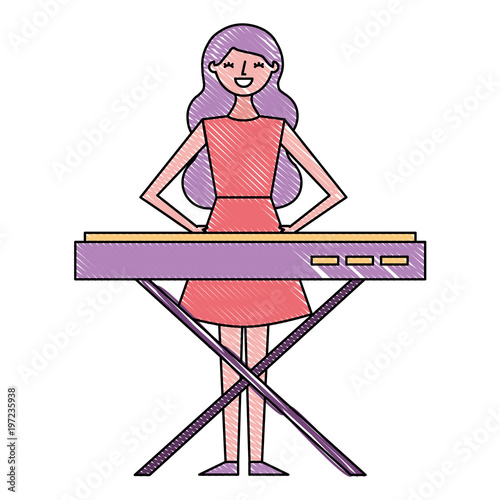 cute cartoon happy woman playing synthesizer vector illustration drawing color