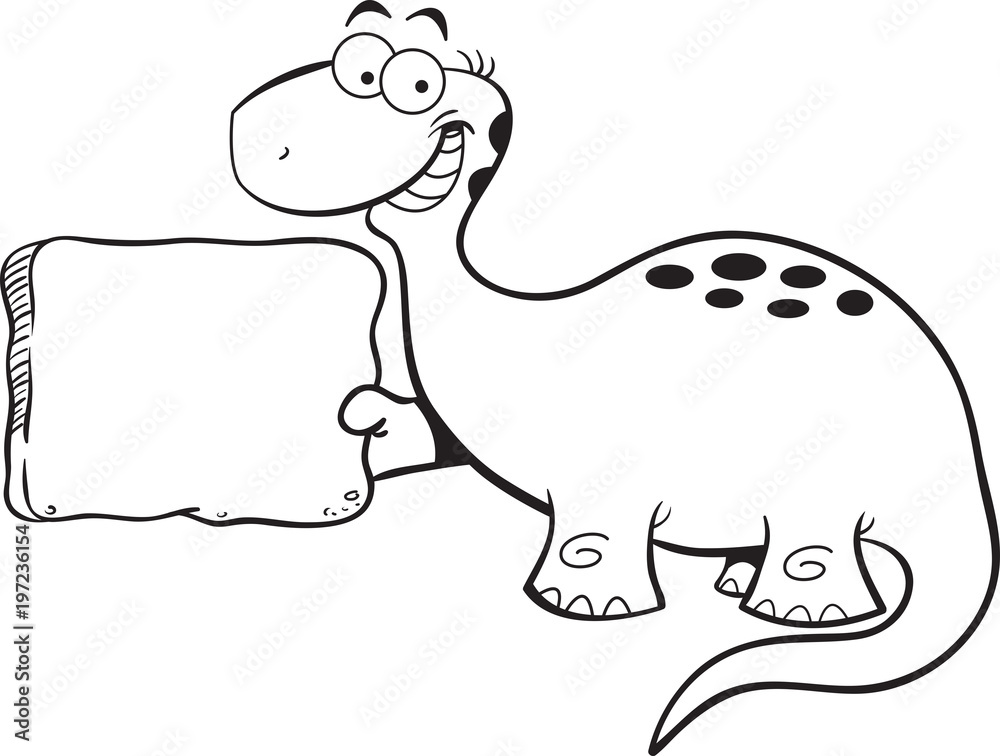 Obraz premium Black and white illustration of a brontosaurus holding a sign.