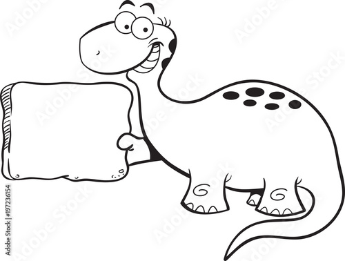 Black and white illustration of a brontosaurus holding a sign.