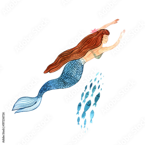 Hand drawn beautiful illustration watercolor mermaid