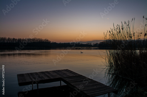 View on sunset aver danube river with jetty, Slovakia, Europe 