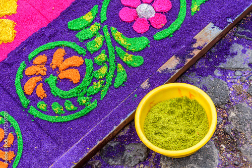 Dyed sawdust Holy Thursday carpet detail, Antigua, Guatemala