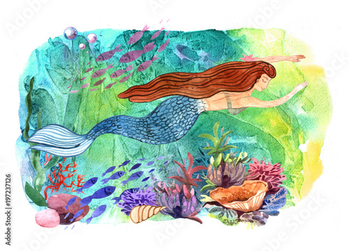 Hand drawn beautiful illustration watercolor mermaid
