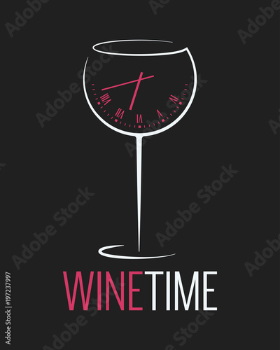 Wine glass logo. Wine time concept with clock on black background