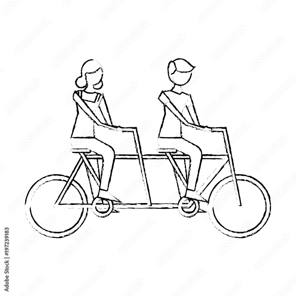 cute happy couple riding in tandem bike recreation vector illustration sketch design