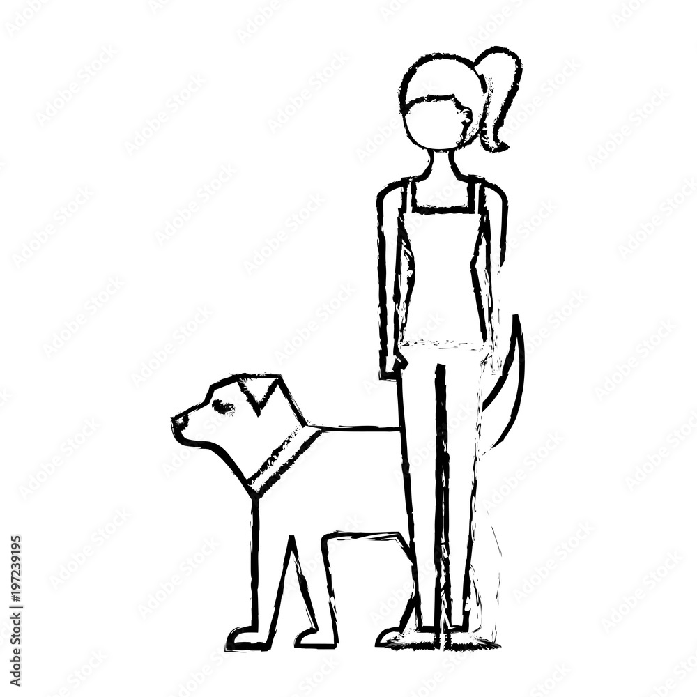Fototapeta premium young woman walking with her dog pet vector illustration sketch design
