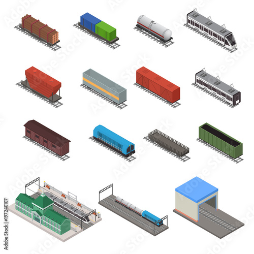 Different Types Train 3d Icons Set Isometric View. Vector
