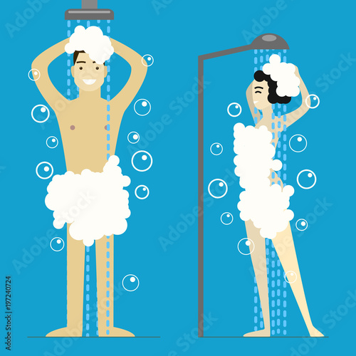 Cartoon Man and Woman Taking Shower. Vector