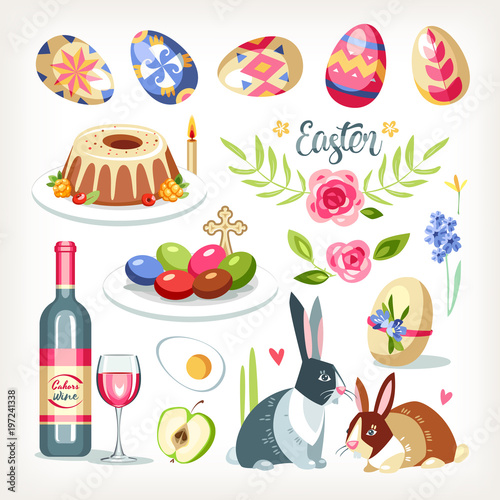 Easter collection set with traditional easter objects sacred food aminals drink cakes eggs photo