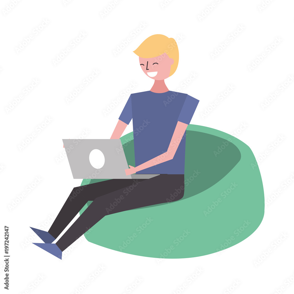 young man sitting working with laptop on bean bag vector illustration young man sitting working with laptop on bean bag vector illustration