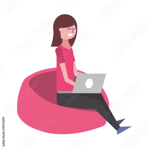 young smiling woman sitting working with laptop on bean bag vector illustration
