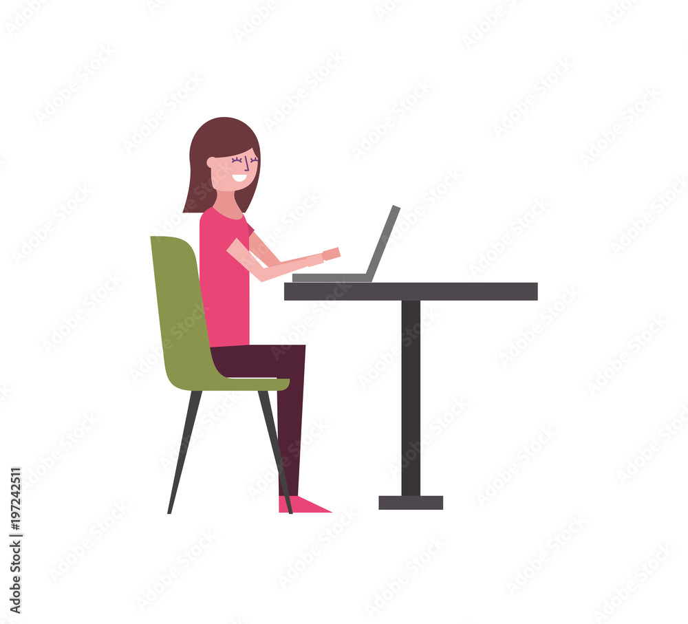 cute woman sitting in the chair typing laptop on table vector illustration cute woman sitting in the chair typing laptop on table vector illustration