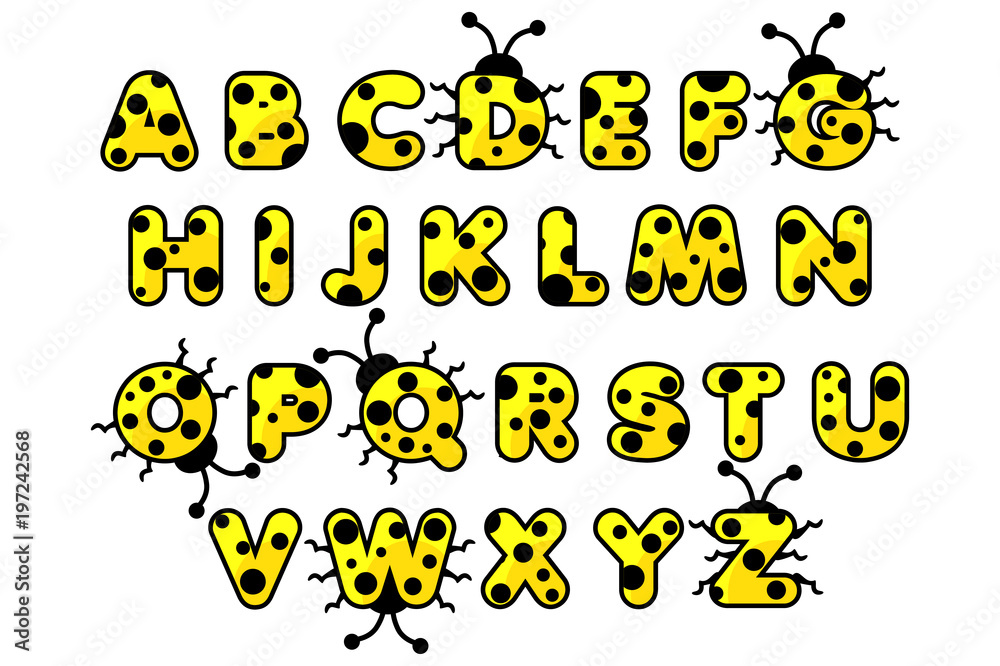 Yellow ladybug alphabet. English abc animals, education cards kids Yellow ladybug alphabet. English abc animals, education cards kids