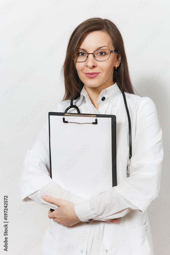 Smiling doctor woman with stethoscope isolated on white background. Female doctor in medical gown holding health card on notepad folder. Healthcare personnel medicine concept. Copy space advertisement Smiling doctor woman with stethoscope isolated on white background. Female doctor in medical gown holding health card on notepad folder. Healthcare personnel medicine concept. Copy space advertisement