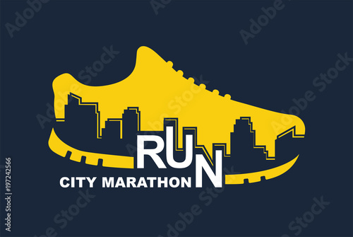 Vector poster - running, sport shoe and the city outline
