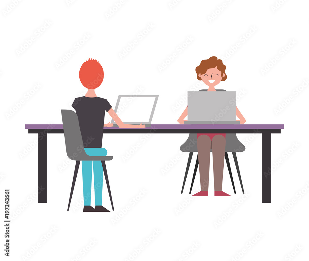 woman and man working in the laptop on table vector illustration