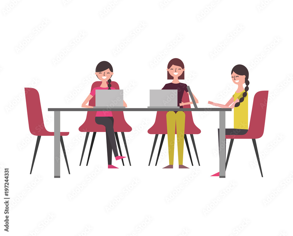 people group women sitting working together with laptops vector illustration