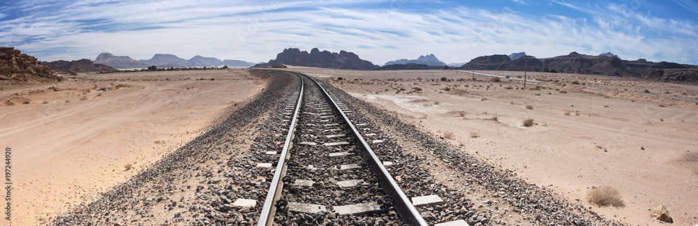 Panopama of railway in Wadi Rum desert in Jordan
