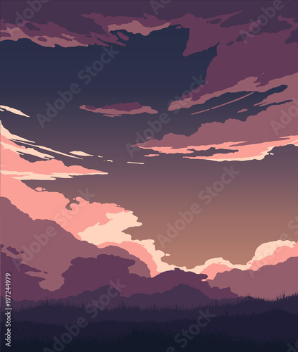 illustration of flat colored clouds and grass 