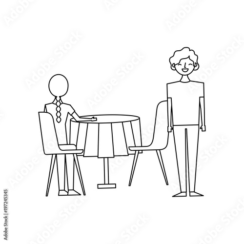 woman sitting back and man standing with table and chairs vector illustration outline design